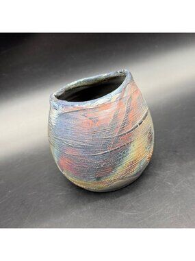 Raku Pottery Vase Abstract Design Textured Unique Handmade Decorative Art